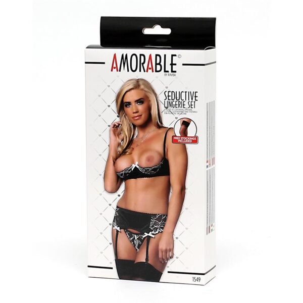 AMORABLE Set 4 Piezas Sujetador Abierto, Tanga, Ligero y Medias - Imagen 4